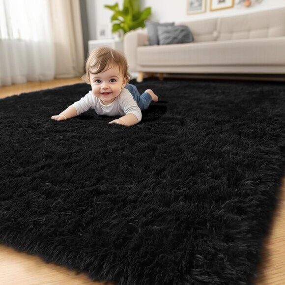 Black Washable Modern Fluffy 4x6ft Shag Area Rug Carpet for Home & Bedroom Decor